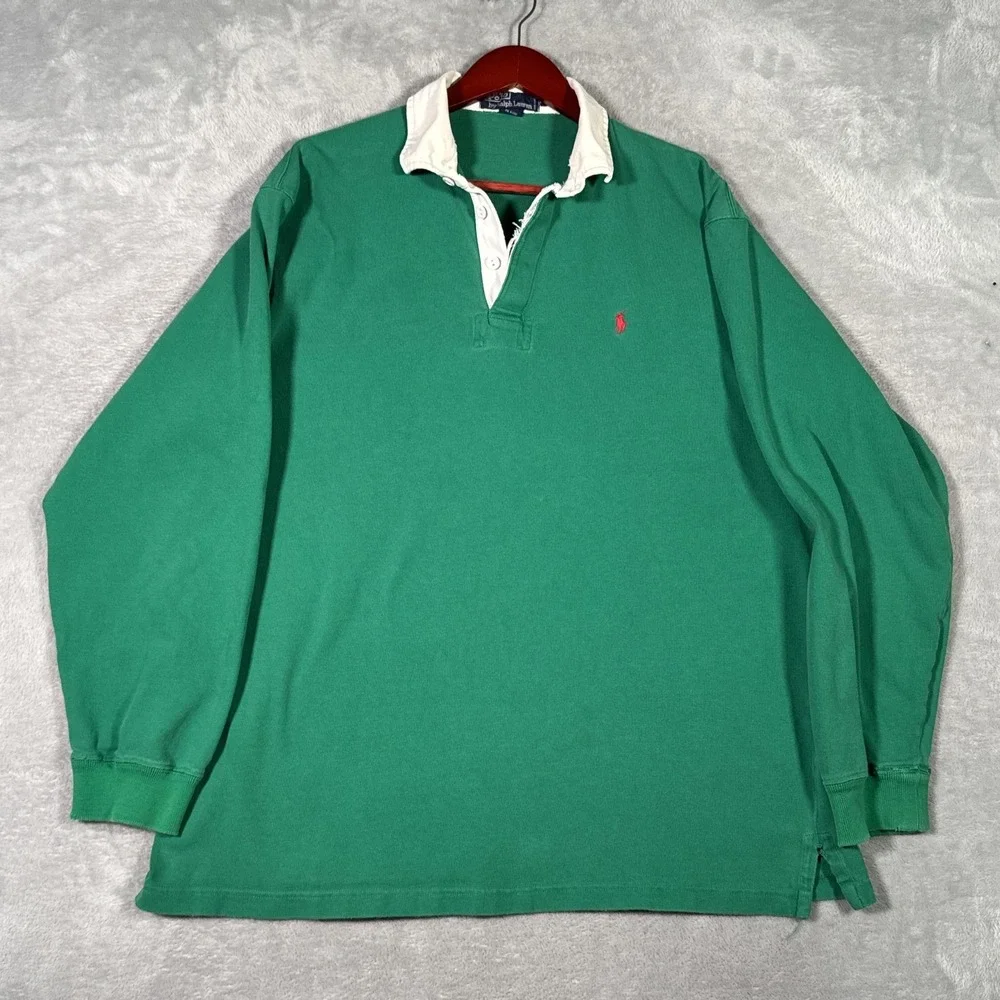 Polo Ralph Lauren Rugby Polo Shirt Mens Large Green Long Sleeve Distressed